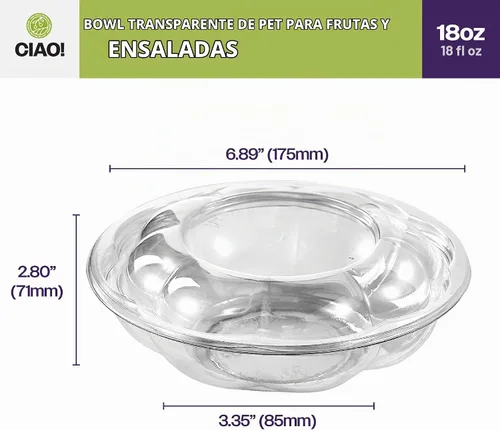 Vista 4 de CIAO! Tazón de fruta y ensalada PET transparente de 18 oz con tapa de cúpula rosa (150/caja)