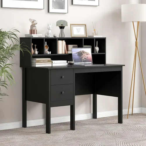 Vista 8 de COSTWAY Escritorio con puertos de carga USB y tomas de corriente, escritorio de computadora de 48 pulgadas con cajones y gabinete de 5