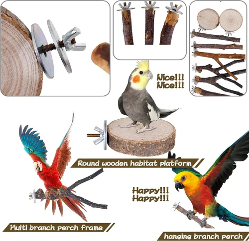 Vista 7 de 8 piezas de perca de pájaro de madera natural para loro, tenedor, juguetes colgantes de múltiples ramas, hamaca de juguete para guacamayos