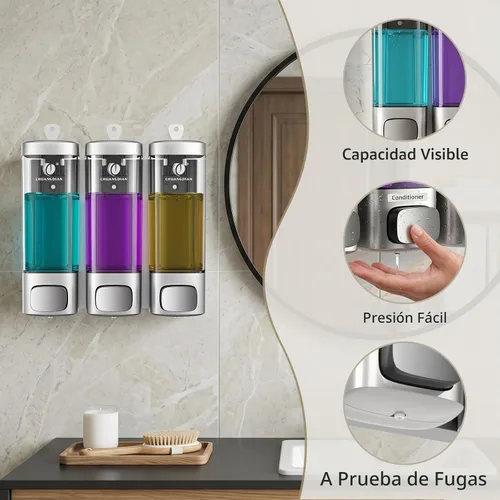 Vista 4 de Dispensador de champú y acondicionador, dispensador de jabón de ducha de 3 Cámara de plata 3