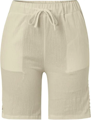 Vista 4 de Bermudas de algodón y lino para mujer, cintura alta elástica, color sólido, pantalones cortos cómodos de verano con bolsillos