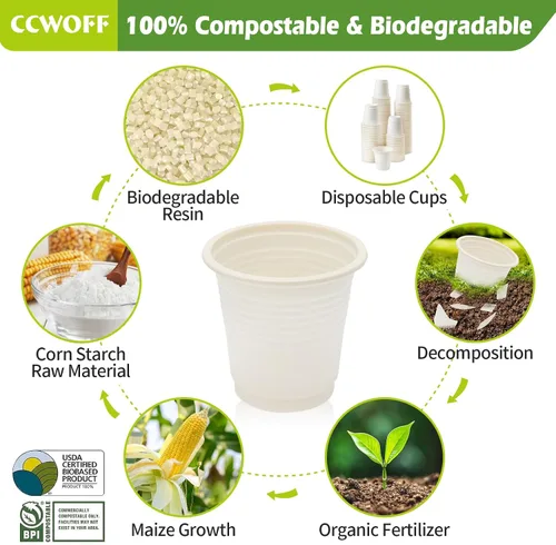Vista 2 de 50 tazas de baño de 3 onzas 100% compostables, biodegradables, ecológicas, pequeñas, desechables, para enjuague bucal de baño, desechables