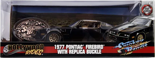 Vista 2 de Jada Smokey and The Bandit 1:24 1977 Pontiac Firebird Trans Am Coche de Fundición a Presión y Hebilla de Cinturón, Juguetes para Niños y Adultos