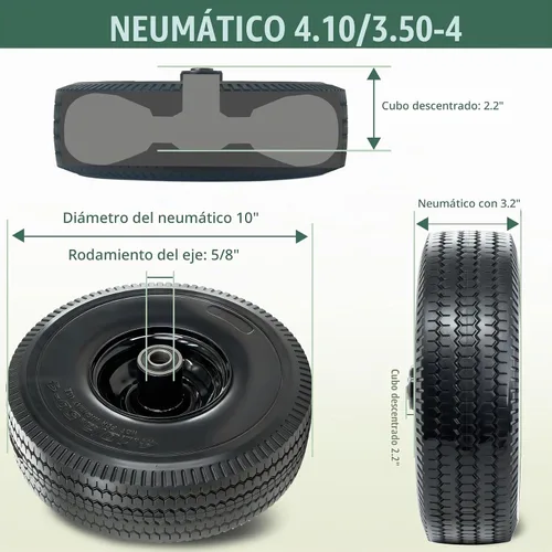 Vista 2 de Neumático y rueda 4.10/3.50-4, neumáticos sólidos de 10" con rodamiento de 5/8", rodamientos adicionales de 3/4" y 1/2", cubo con desplazamiento