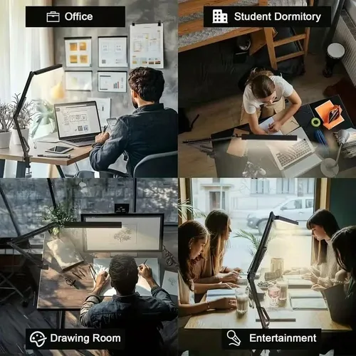 Vista 6 de Lámpara de escritorio LED, lámpara de brazo oscilante ajustable con abrazadera, luz de escritorio de lectura que cuida los ojos, 10 niveles