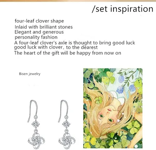 Vista 5 de Bisen Jewelry - Aretes de plata de ley 925 aretes de trébol de cuatro hojas aretes de moissanita aretes de mujer juego binaural de regalo para novia