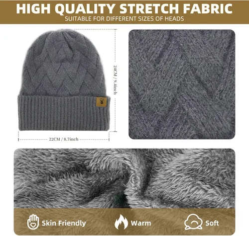 Vista 2 de Gorro de punto de invierno para mujer con guantes para pantalla táctil, gorro de pompón, bufandas para el cuello para hombres