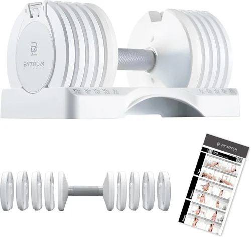 Vista 12 de ByZoom Fitness - Mancuerna ajustable de 12.5/25 libras – Unidad individual O juego de 2 – Peso ajustable 5-en-1 para gimnasio en casa, entrenamiento