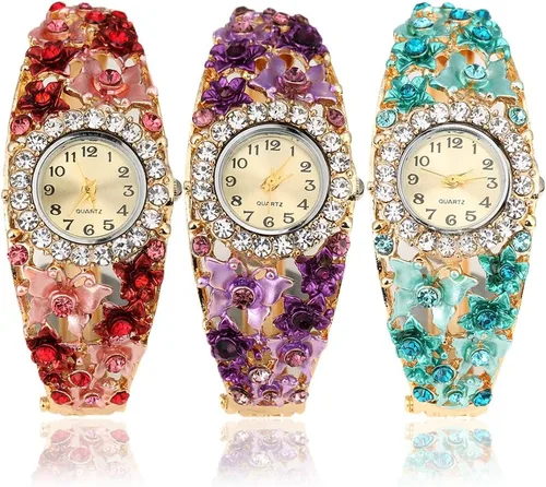 Vista 2 de Bluelans Reloj de pulsera elegante para mujer con diseño de flores de cristal (morado)