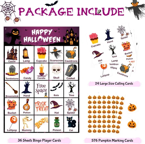 Vista 4 de V-Opitos Tarjeta de juego de bingo de Halloween para niños y adultos, 36 jugadores, juego de Halloween para familia/aula escolar, grupo grande