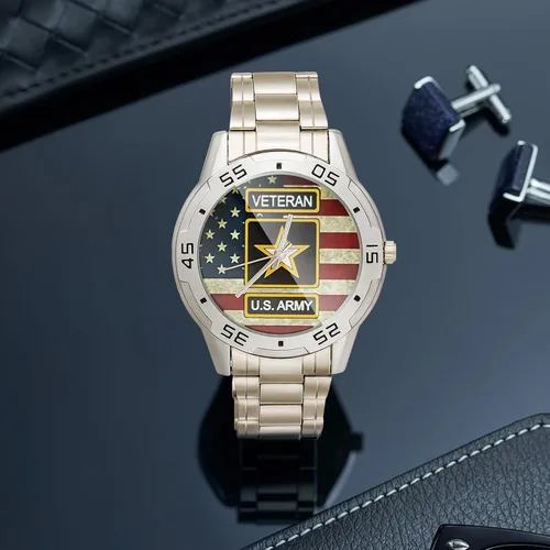 Vista 5 de Reloj analógico de acero inoxidable para hombre diseño especial militar veterano y bandera estadounidense diseño personalizado con caja de metal