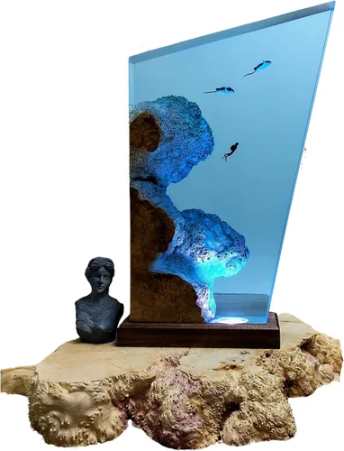 Vista 6 de Manta Ray and Diver - Lámpara de madera de resina para buceo, lámpara de mar azul profundo, diorama temático del océano, lámpara de rayas de rayas