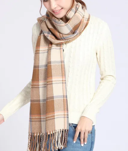 Vista 3 de Wander Agio Chal Largo de Moda para Mujer con Cuadrícula Grande, Bufanda Grande Cálida de Rejilla para Invierno Beige