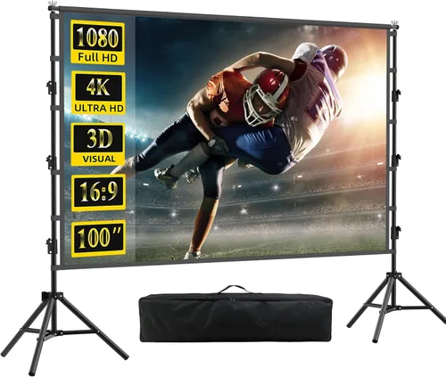 Vista 12 de Pantalla de proyector de 100 pulgadas con soporte, pantalla de proyección para interiores, pantalla de cine frontal trasera portátil 16:9 4K HD