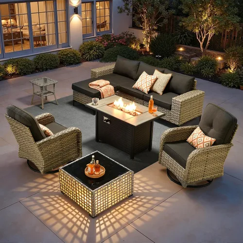 Vista 21 de HOOOWOOO Juego de muebles de patio de 5 piezas, sofá modular en forma de L para exteriores con mesa solar, mimbre PE para todo tipo de clima, sofá