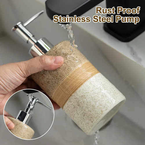 Vista 5 de Juego de dispensador de jabón de cerámica con embudo de silicona, jabón de manos, champú, gel de baño, dispensador de loción para cocina y baño