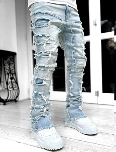 Vista 4 de GDJGTA Jeans apilados para hombre, ajustados, rasgados, elásticos, desgastados, rectos, pantalones de mezclilla estilo hip hop, ropa de calle