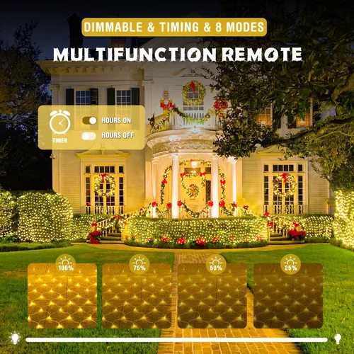 Vista 8 de JMEXSUSS - Luces de red para exteriores impermeables, de 12 x 5 pies, con enchufe y 8 modos con control remoto, 360 luces LED para decoración
