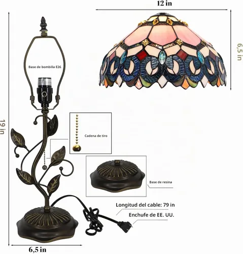Vista 3 de Tiffany Table Lamp Stained Glass Bedside Reading Light W12H19 inch
