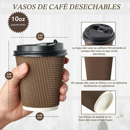 Vista 2 de LITOPAK - Paquete de 80 vasos de papel desechables de 10 onzas, tazas de café con tapa, agitadores