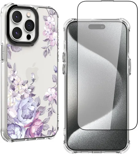 Vista 11 de Feitenn Funda para iPhone 15, policarbonato transparente + TPU suave a prueba de golpes, diseño de flores Beatuy con protector de pantalla de vidrio