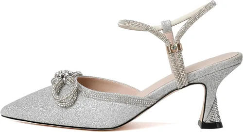 Vista 2 de Tacones de lazo con diamantes de imitación para mujer, tacón bajo puntiagudo, correa de tobillo ajustable, zapatos de fiesta nupcial para boda