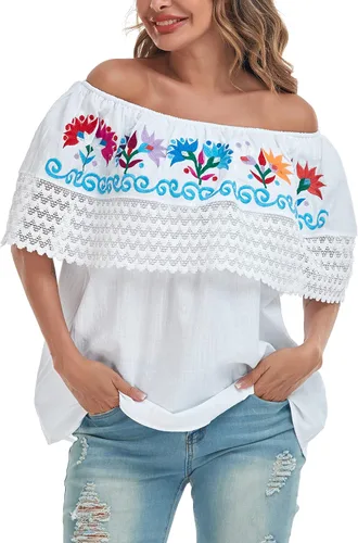 Vista 4 de YZXDORWJ Camisa con hombros descubiertos bordados mexicanos para mujer
