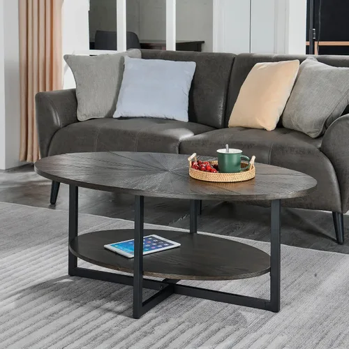 Vista 8 de Mesa auxiliar ovalada de madera con estante de almacenamiento, mesa de 2 niveles, negro y marrón Negro marrón-43.3 pulgadas