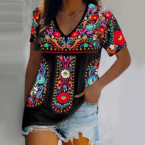 Vista 2 de Camisa mexicana para mujer, estilo étnico, vintage, bordada, floral, blusa campesina, ajuste holgado, manga larga, cuello en V, camisa bohemia