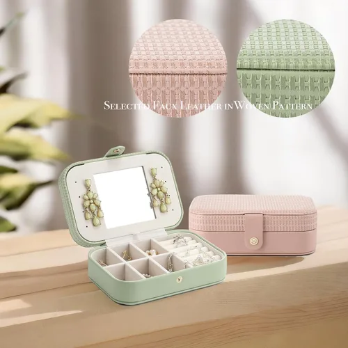 Vista 2 de Vlando Pequeño organizador de joyas de viaje, estuche de almacenamiento de piel sintética para collares, aretes, anillos, tejido verde