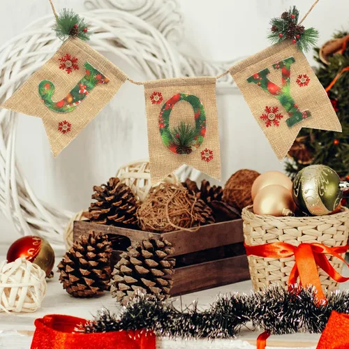 Vista 9 de Toyvian Cartel de lino brillante para fiesta de Navidad con letras de alegría, decoración de guirnalda de Navidad para uso festivo en interiores