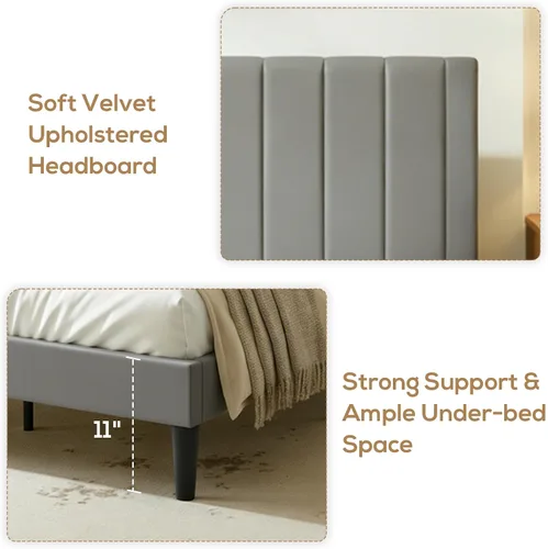 Vista 5 de Base de cama tapizada de terciopelo tamaño Queen con cabecero, listones de madera fuertes, somier opcional, base de colchón, fácil montaje, gris