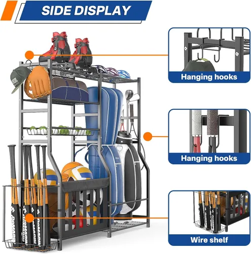Vista 5 de Heavy Duty Garage Sports Equipment Organizer, All-in-One Golf Bag Storage Rack & Multi-Sport Ball Holder for Basketballs, Bats & Kids Toys