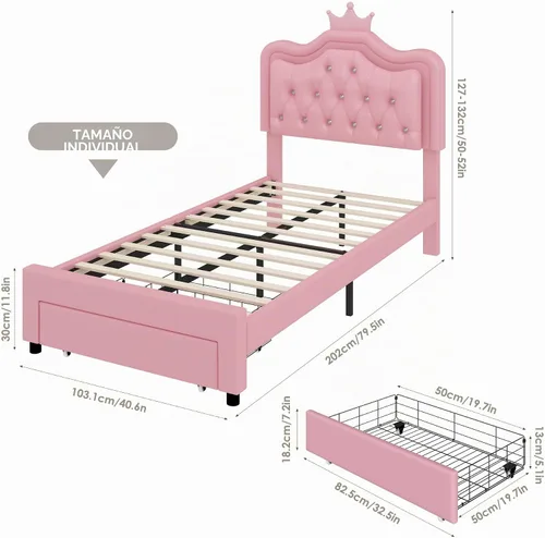 Vista 2 de Marco de Cama LED Tapizada Tamaño Twin con Cajón de Almacenamiento, Cama de Plataforma de Princesa de Cuero con Cabecera de Corona con Botones