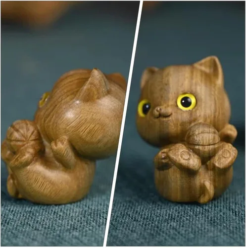Vista 9 de Figura de gato tallada para automóvil, adorno de madera para gato, estatua de gatito pequeño, para amantes de los gatos en miniatura