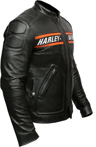 Vista 3 de JILDISH Chaqueta de cuero para motociclista - HD Bill Goldberg - Chaqueta de motocicleta negra para hombre - Chaqueta de cuero Cafe Racer