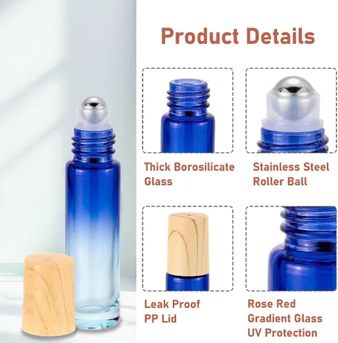 Vista 4 de Botellas de rodillo de vidrio de 0.3 fl oz para aceites esenciales, 8 unidades de bolas enrollables recargables a prueba de fugas y aplicador