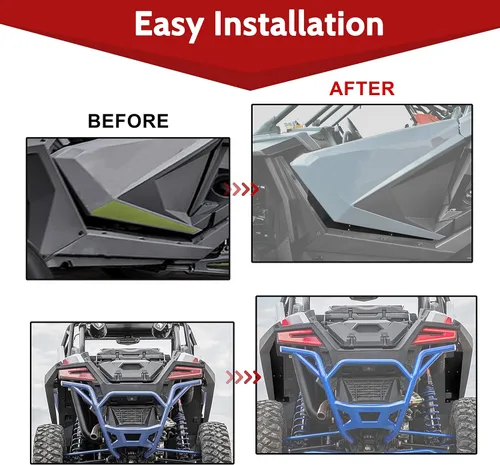 Vista 4 de SAUTVS Panel de moldura de puerta inferior de acero y bloqueo de pozo de rueda trasera para RZR PRO XP, cenefa de puerta inferior y protector contra