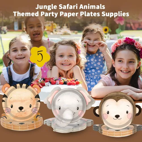 Vista 6 de Naozinebi 60 platos de fiesta de animales de la selva, platos de papel con forma de animales de safari, zoológico, selva, desechables, decoraciones