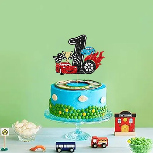 Vista 6 de Ephlyn 1 pieza de decoración para tarta de primer cumpleaños de coche de carreras con purpurina, decoración de tarta 1er cumpleaños para bandera a