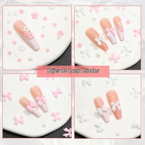 Vista 4 de RODAKY - Abalorio de uñas con lazo rosa y blanco en 3D de colores-3