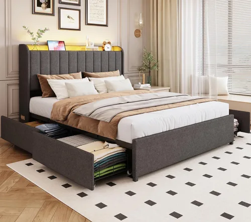 Vista 18 de Marco de cama completa con 4 cajones y cabecera de almacenamiento, marco de cama de plataforma tapizada tamaño completo con luces LED y práctica