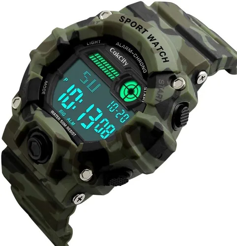 Vista 4 de Reloj deportivo LED con estilo de camuflaje para niños, impermeable, digital, electrónico, informal, militar, con correa de silicona, alarma