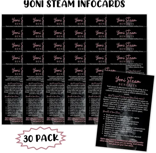Vista 2 de Boutique Marketing LLC Yoni Steam Benefits Infocards Paquete de 30 Tamaño de postal grande de 4 x 6 pulgadas Negro con diseño de vapor negro