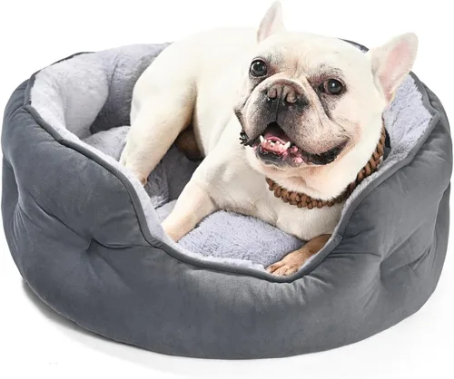 Vista 8 de Amazon Basics Cama redonda para perros pequeños, camas para gatos de interior, cama lavable para cachorros con cojín de felpa suave, parte inferior