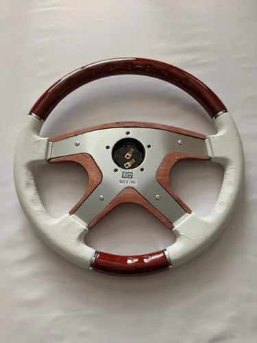Vista 6 de RAPTOR - Volante de 15 pulgadas de madera de caoba y cuero blanco