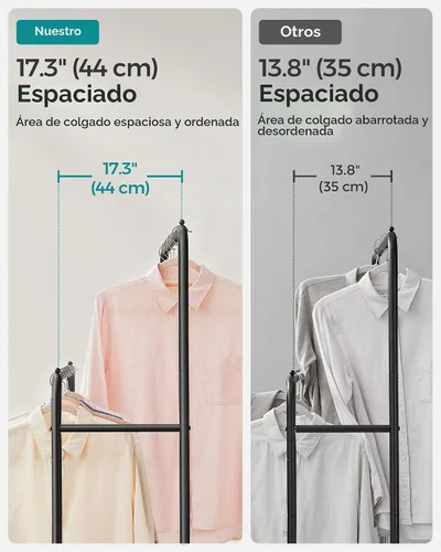 Vista 4 de SONGMICS Perchero de doble barra con ruedas, perchero para colgar ropa, perchero resistente con estante de almacenamiento de malla, 2 frenos, cada