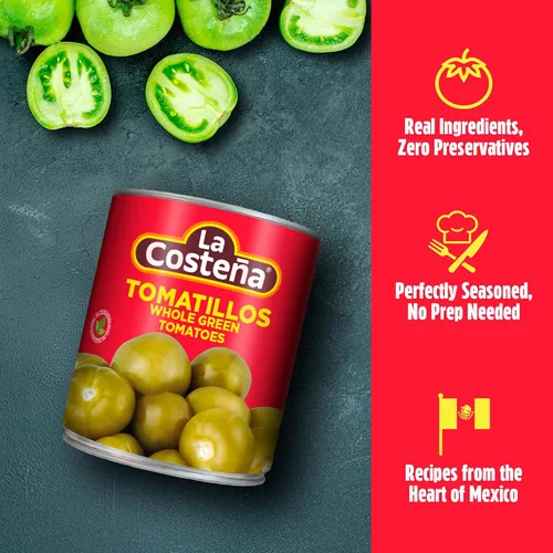 Vista 4 de La Costeña Tomatillos enlatados para comida mexicana, salsa de tomatillo, salsa verde, salsa de enchilada verde, salsa de tacos, Pico de Gallo