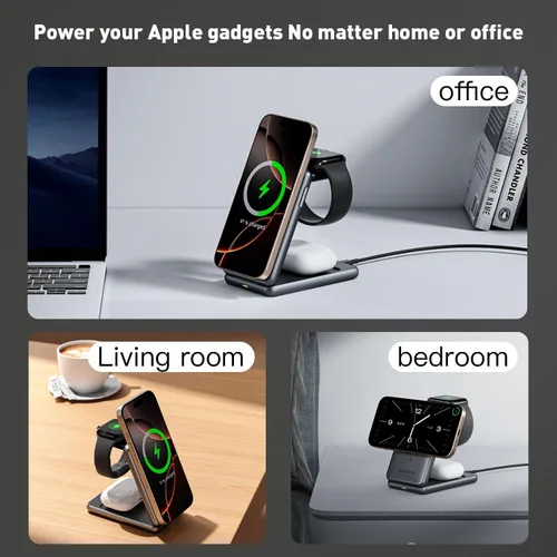 Vista 7 de Cargador inalámbrico magnético 3 en 1, estación de carga plegable, base de inducción electromagnética, compatible con MagSafe, compatible con iPhone