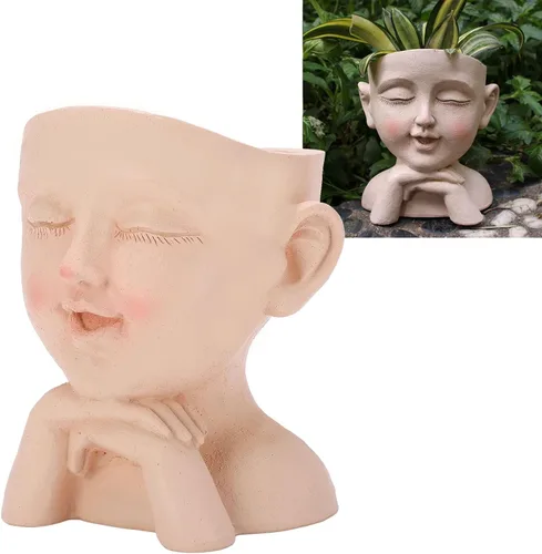 Vista 2 de Bonita maceta de cabeza de niña, maceta de cara humana, bonita maceta de resina con orificio de drenaje, ojos cerrados para plantas